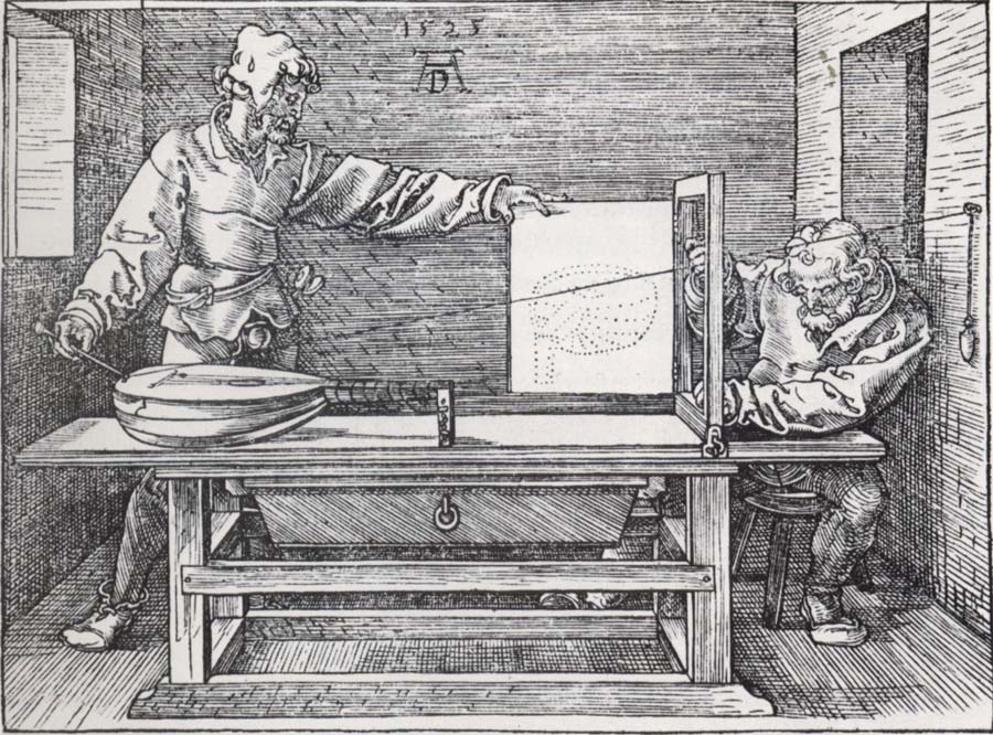 Man Drawing a lute with the monogram of the artist from the Manual of Measure-ment